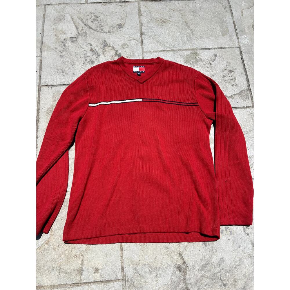 Tommy Hilfiger Red V Neck Vintage Sweater - Good Condition